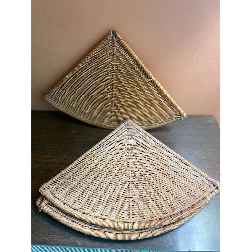 Vintage Wicker Corner Wall Shelves Set of 4 Rattan Boho Country Cottage Decor